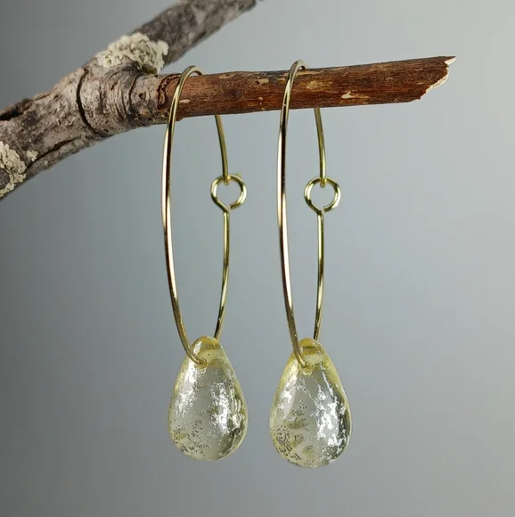 HAND CRAFTED Elegant Gold Hoop Earrings with Artisan Glass Drops - Picture 5 of 8